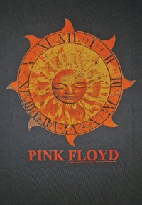 Sole circolare con un volto sereno e numeri romani lungo il bordo, sopra il testo rosso "PINK FLOYD" su uno sfondo scuro.
