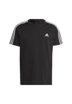 T-shirt en coton noir avec des manches courtes, accents blancs à trois rayures sur les épaules et un petit logo Adidas blanc sur la poitrine.