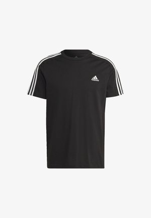 Camiseta negra de algodón con mangas cortas, acentos en blanco de tres rayas en los hombros y un pequeño logo blanco de Adidas en el pecho.
