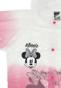 Rosa und weiße Ombre-Regencape mit einem glitzernden Minnie Mouse-Graphic und dem Namen "Minnie" in schwarzer Schrift, mit pinken Druckknöpfen.