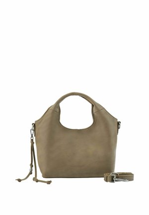 Taupe-farbene Ledertasche mit abgerundeten Griffen, seitlicher Quastenverzierung und einem abnehmbaren, passenden Schulterriemen daneben.