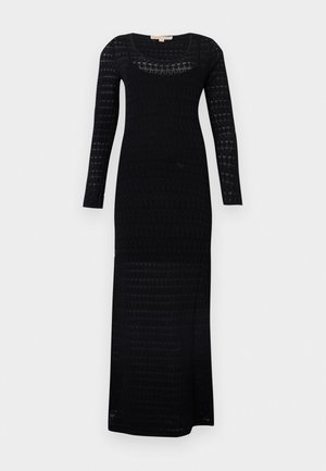 Black long-sleeve maxi dress with subtle lace pattern, scoop neckline, and fitted silhouette.