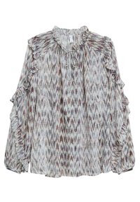 Blusa a maniche lunghe con colletto e maniche a volant, motivo astratto multicolore nelle tonalità di marrone, viola e bianco, scollatura legata.