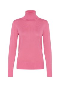 Rosa polokrage tröja i ribbat stickat tyg, med långa ärmar och en välpassande silhuett. Inga påfallande mönster eller detaljer.