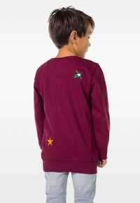 Burgunderfarbener Hoodie mit grüner gestickter Mistelzweig- und gelben Sternakzenten, langen Ärmeln, Rundhalsausschnitt und gerippten Bündchen.