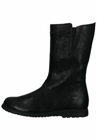 Black leather ankle boot with a smooth texture, rounded toe, and a slit at the top. Durable rubber sole with low tread pattern.