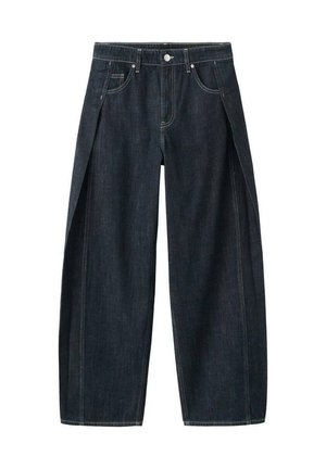 Dunkelblaue Denim-Hosen mit weitem Bein und lockerem Schnitt, mit hoher Taille, Fronttaschen und kontrastierenden Nähten. Kein sichtbares Branding.