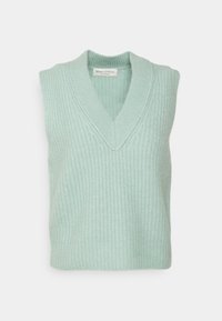 Licht mintgroen mouwloos gebreid vest met een v-hals, voorzien van een ribbeltextuur en zachte stof. Label zichtbaar binnen de kraag.