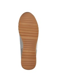 Semelle en caoutchouc avec rainures horizontales, de couleur beige. La partie supérieure présente un design texturé gris clair avec des accents en mesh.