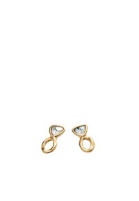 Pendientes de oro con un diseño de bucle único y un acento de piedra transparente en forma triangular. Textura suave con un acabado brillante, forma elegante y minimalista.