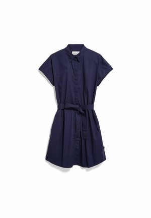Marineblaue Hemdblusenkleid mit kurzen Ärmeln, Kragen, durchgehender Knopfleiste und gebundenem Taillengürtel.