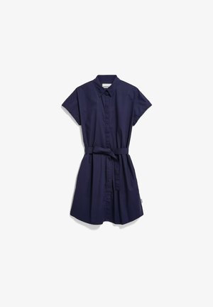 Marineblauwe shirtjurk met korte mouwen, kraag, knoopsluiting aan de voorkant en ceintuur in de taille.