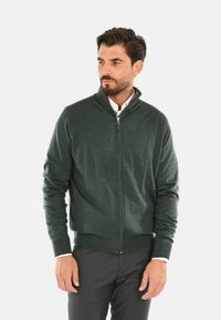 Maglione zip-up verde scuro con colletto alto, texture liscia, polsini e orlo a costine, abbinato a una camicia con colletto sottostante.
