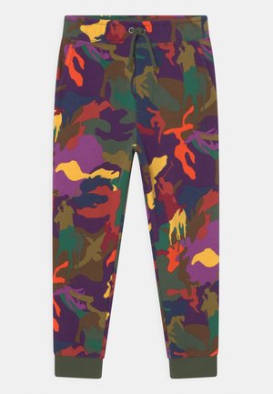 Joggingbukser med flerfarvet camouflageprint, elastisk talje, justerbar snor, sidelommer og manchetter ved anklerne.