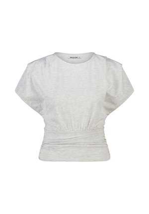Lichtgrijs kort mouwen top met ronde hals, elastische taille met plooien en licht opgeblazen mouwen.