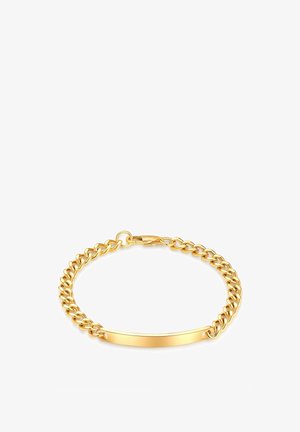 Bracelet en chaîne dorée avec une section plaque plate et allongée pour le gravage. Les maillons sont entrelacés et polis pour une finition brillante.