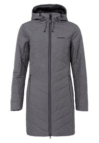 Abrigo de invierno acolchado gris hasta la rodilla con capucha, cremallera frontal completa, bolsillos laterales con cremallera y logo de Schöffel en el pecho.