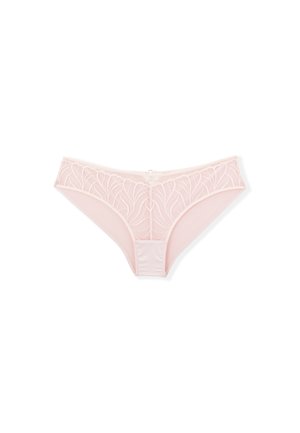Light pink underwear featuring a sheer embroidered overlay with a leaf pattern, satin-like waistband, and small decorative bow in the center.