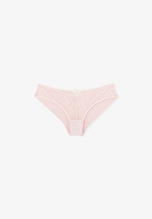 Light pink underwear featuring a sheer embroidered overlay with a leaf pattern, satin-like waistband, and small decorative bow in the center.