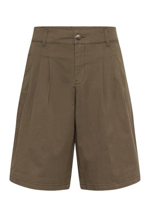 Barna, magas derekú, szabott rövidnadrág elülső redőkkel, övbújtatókkal, gombos záródással és kényelmes szabással.