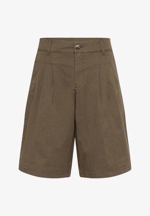 Shorts sartoriali marroni a vita alta con pieghe frontali, passanti per cintura, chiusura con bottoni e vestibilità comoda.