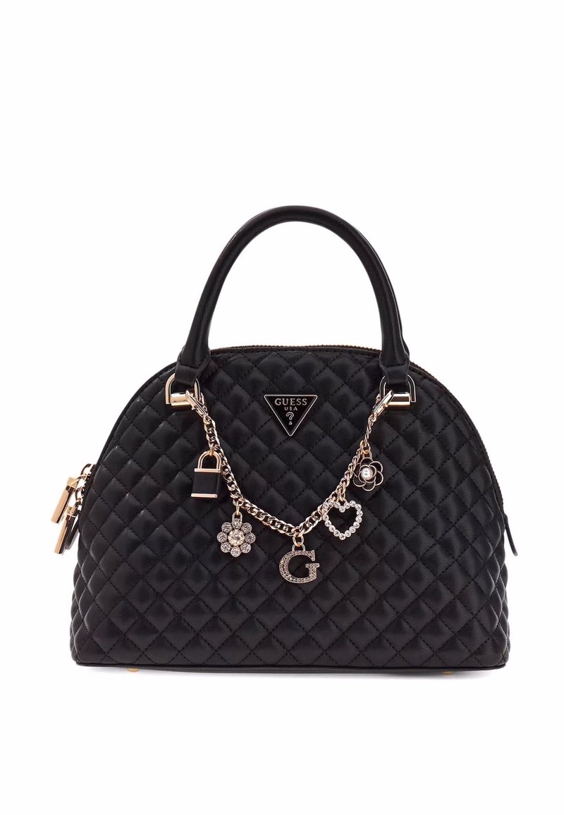 Borsa a tracolla nera trapuntata con manici superiori, accessori in oro e charm decorativi tra cui un lucchetto, un cuore e un fiore. Presenta un emblema con il logo.