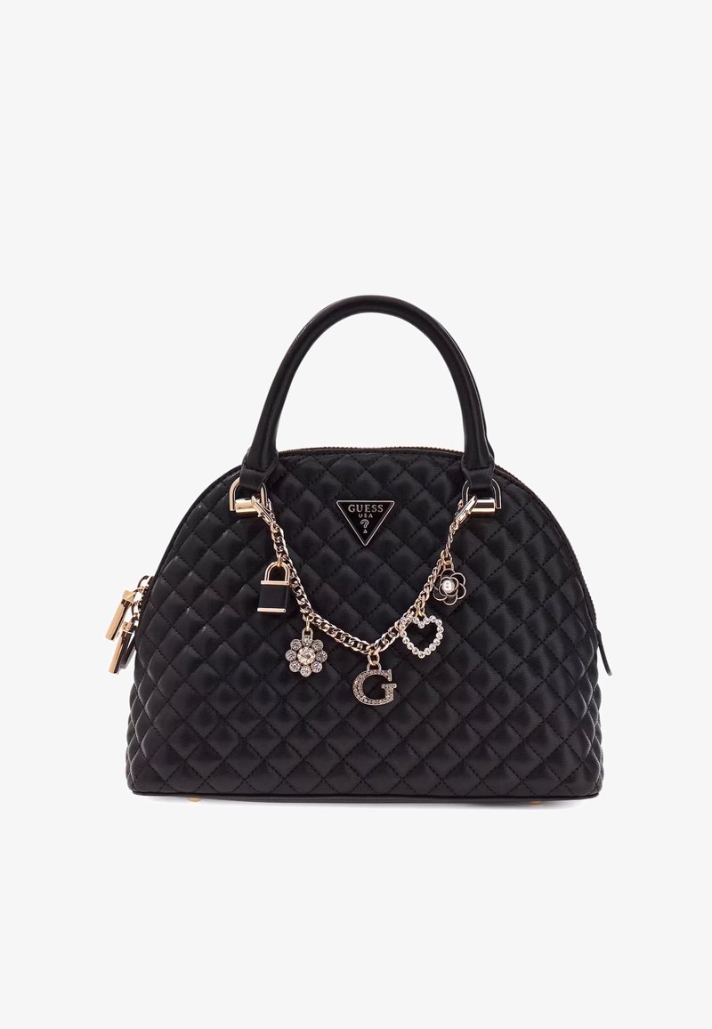 Borsa a tracolla nera trapuntata con manici superiori, accessori in oro e charm decorativi tra cui un lucchetto, un cuore e un fiore. Presenta un emblema con il logo.