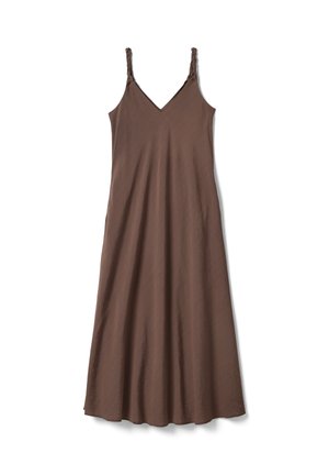 Vestito maxi marrone senza maniche, a linea ad A, con spalline intrecciate e sottile trama a righe diagonali.