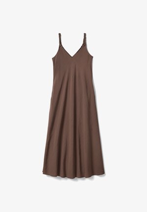 Vestito maxi marrone senza maniche, a linea ad A, con spalline intrecciate e sottile trama a righe diagonali.