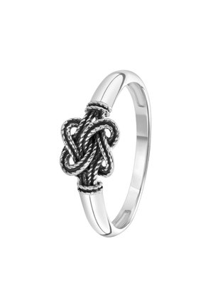 Bague en argent sterling avec un design de nœud torsadé au centre. Bande lisse avec une finition polie, mettant en valeur des détails complexes dans le nœud.