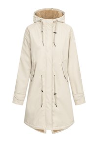 Beige waterproof coat with a fur-lined hood, two side pockets, adjustable drawstrings, and a mid-length design. Smooth exterior texture.
