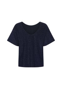 Top scurt de culoare bleu marin cu guler în V, având o textură subtil strălucitoare pe întreaga suprafață. Croi lejer, relaxat, fără accesorii vizibile.