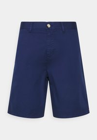 Navyblauwe shorts gemaakt van lichtgewicht stof, met een drukknoopsluiting aan de voorkant, riemlussen en een nette zoom zonder patronen.