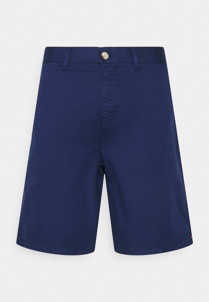 Navyblauwe shorts gemaakt van lichtgewicht stof, met een drukknoopsluiting aan de voorkant, riemlussen en een nette zoom zonder patronen.