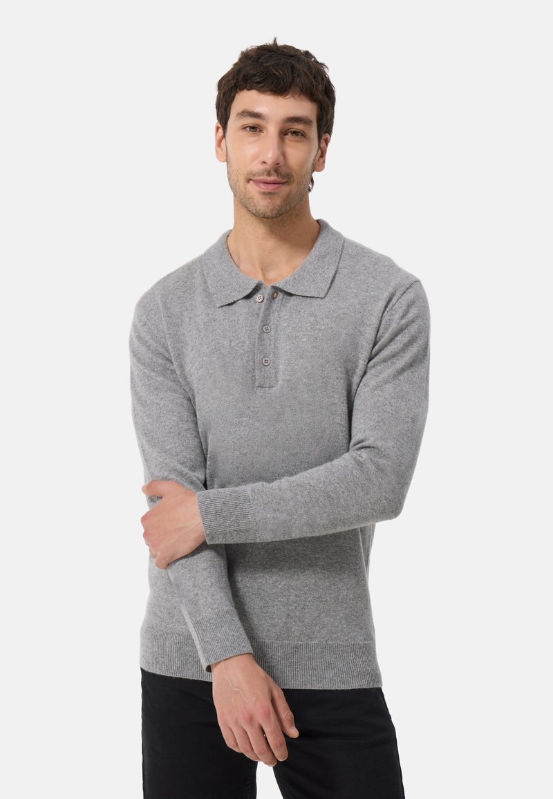 Grijze polo met lange mouwen van zacht materiaal, met een kraag, knoopsluiting en ribgebreide manchetten en zoom.