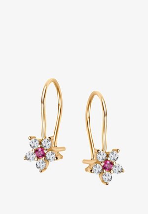 Złote kolczyki w kształcie kwiatu z pięcioma kryształowymi płatkami i centralnym różowym kamieniem. Posiadają delikatny wzór z haczykiem, zapewniający bezpieczne noszenie.