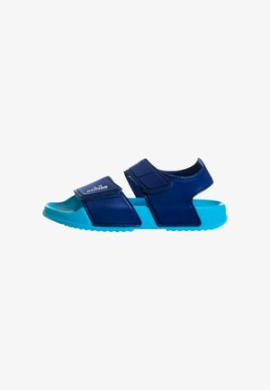 Sandalo aperto per bambini blu e turchese con due cinturini in velcro regolabili e suola texturizzata, vista laterale.