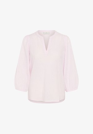 Helles rosa Blusenshirt mit V-Ausschnitt, Ballonärmeln und strukturiertem Punktmuster. Hergestellt aus leichtem Stoff und mit einem lockeren Schnitt.