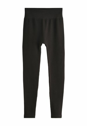 Leggings negre cu textură în rilă, prevăzute cu un tiv elastic lat. Materialul are un model texturat și un design fixat care se extinde până la glezne.