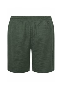 Dark green textured men's shorts with elastic waistband and back pocket, shown front-facing on a white background.