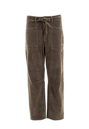 Brown corduroy pants with a drawstring waist, wide legs, and two large front pockets. The fabric has a textured ribbed pattern.