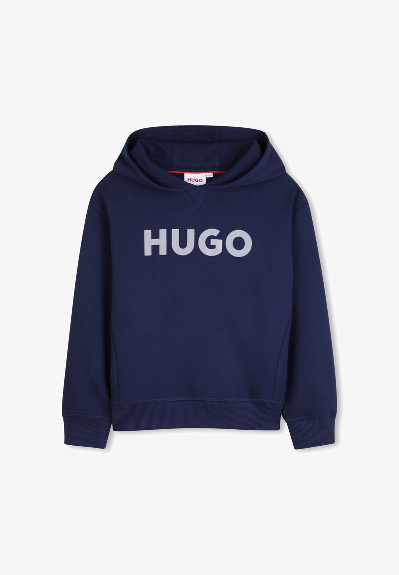 Sweat à capuche bleu marine en coton, arborant un grand logo "HUGO" gris sur le devant, avec une capuche à cordon de serrage et des poignets et ourlet côtelés.