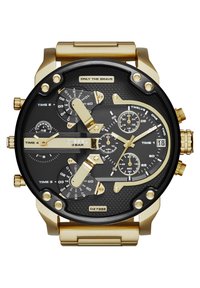 Reloj de acero inoxidable en tono dorado con una esfera negra texturizada, múltiples sub-esferas, acentos dorados y una ventana de fecha. Resistente al agua hasta 3 bares.