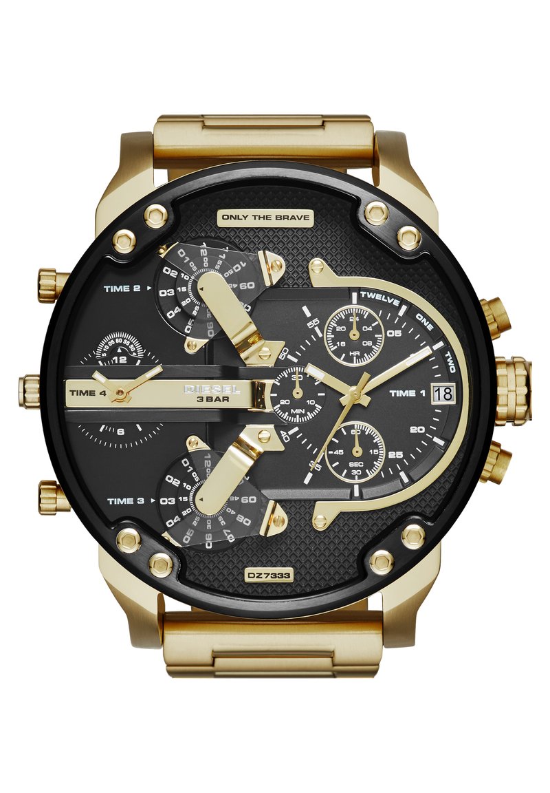 Reloj de acero inoxidable en tono dorado con una esfera negra texturizada, múltiples sub-esferas, acentos dorados y una ventana de fecha. Resistente al agua hasta 3 bares.