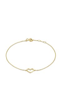Gouden armband met een delicate kettingontwerp, voorzien van een uitgesneden hartvormige bedel. Sluiting met een haakje, lichtgewicht textuur.