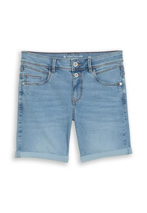 Pantalones cortos de mezclilla azul claro con dobladillos enrollados, cierre con botón y cremallera frontal y diseño de cinco bolsillos de Tom Tailor.