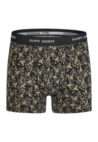 Zwarte boxershorts met een bloemmotief in beige, voorzien van een zachte tailleband met het label "HAPPY SHORTS." Gemaakt van rekbare katoen.