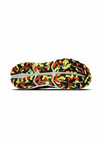 Sport shoe outsole featuring a black base with a vibrant camo pattern in orange, yellow, and green. Textured rubber for traction.