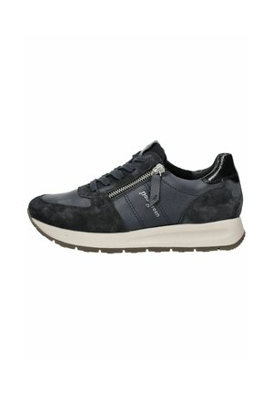 Dunkelblaue Sneaker aus Wildleder und Leder, mit Schnürdesign, Reißverschlussdetails und einer dicken beigen Sohle für zusätzlichen Komfort.