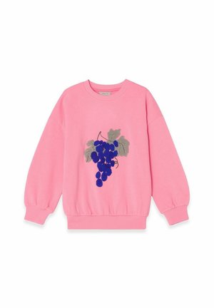 Lyserød sweatshirt med et drueklase-design i blå og grå broderi. Ribkanter ved håndleddene og i nederkant, rund halsudskæring og afslappet pasform.